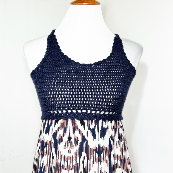 Ella Moss Navy Blue Crochet Colorful Watercolor Split Hem Sleeveless Maxi Dress - Picture 5 of 12